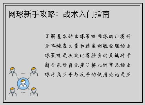 网球新手攻略：战术入门指南