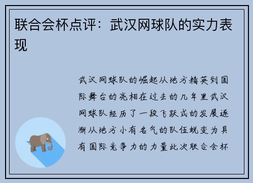 联合会杯点评：武汉网球队的实力表现