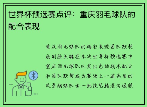 世界杯预选赛点评：重庆羽毛球队的配合表现