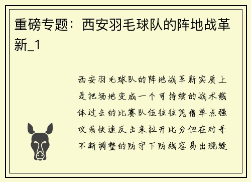 重磅专题：西安羽毛球队的阵地战革新_1